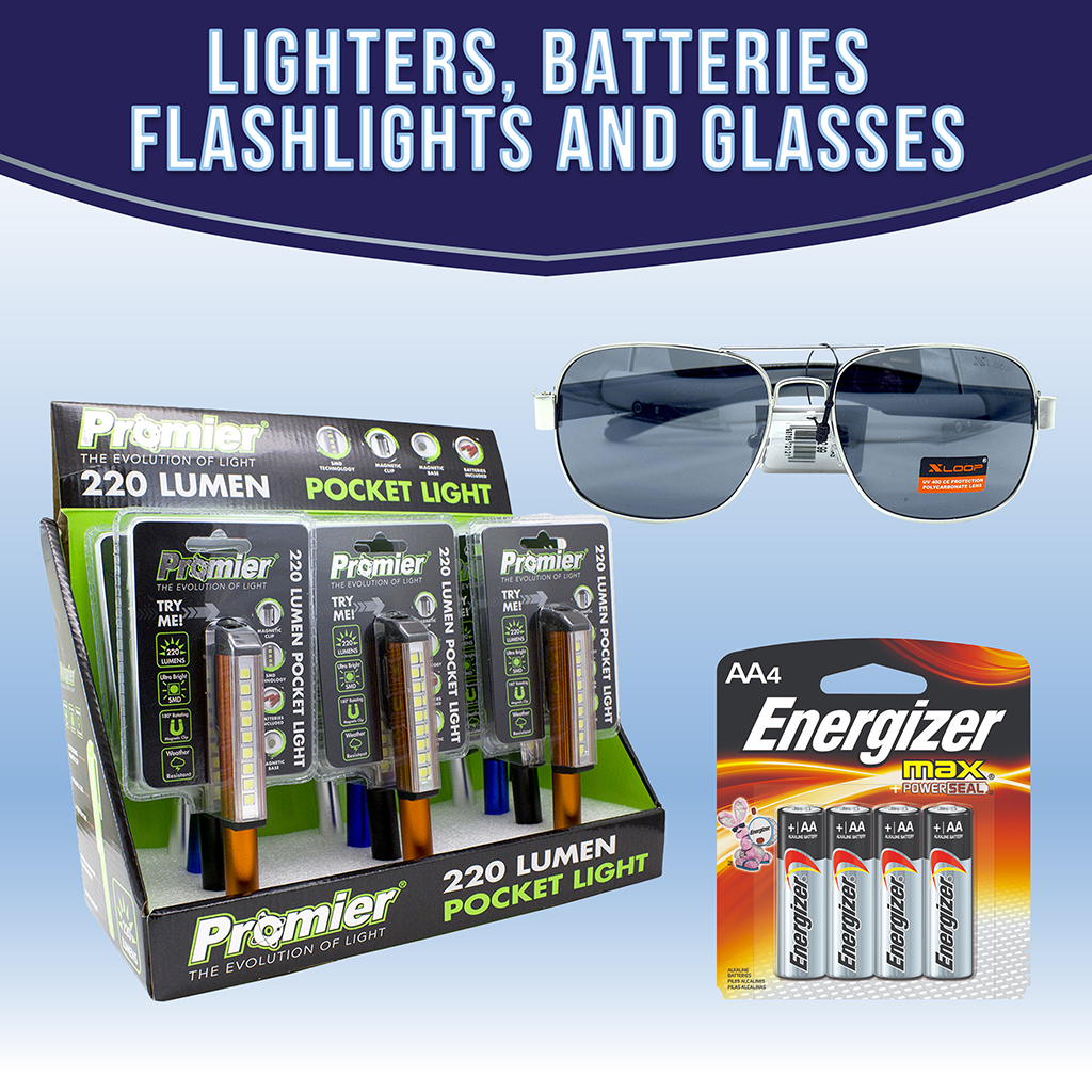 Lighters, Batteries, Flashlights and Glasses